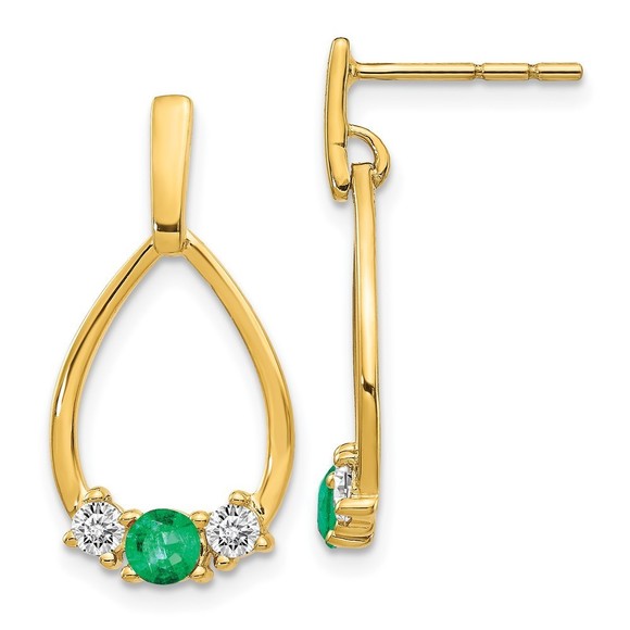 Million Charms Jewelry - 14k Gold Lab Grown VS/SI FGH Diamond Created Green Emerald Post Dangle Earrings